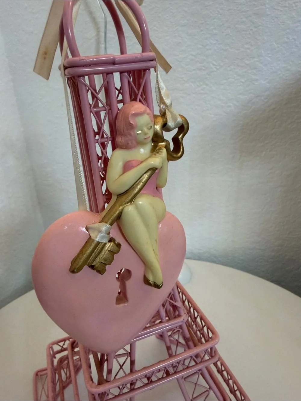 Lady Weird Pink Eiffel Tower Heart Ornament with Key Accent
